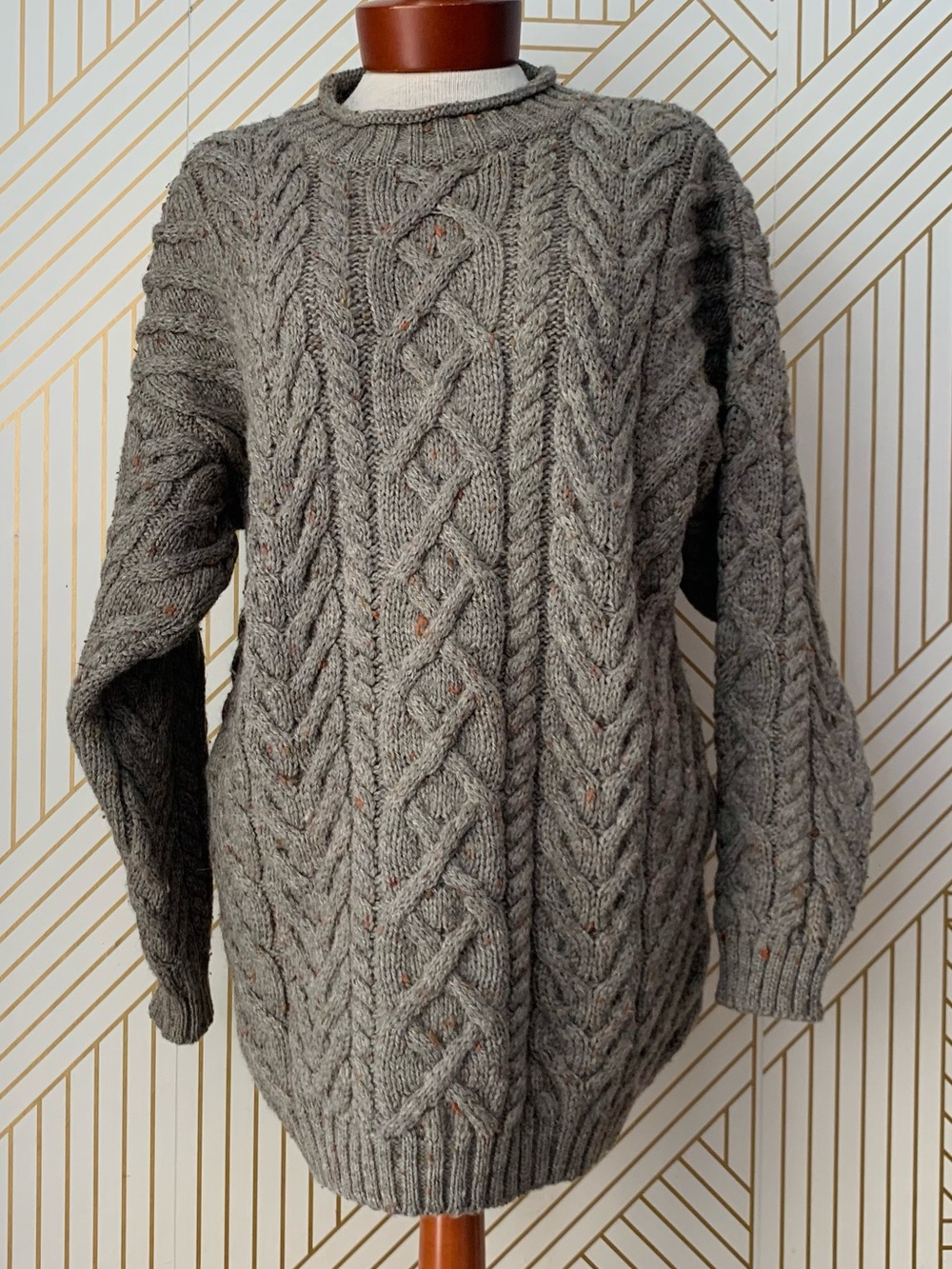 Lands' End Wool Chunky Cable Knit Roll Neck Fisherman Sweater marled Heathered